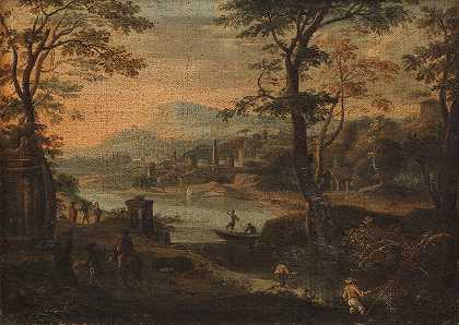 Paolo Anesi圈子 广阔的河流景观，前景是渔民