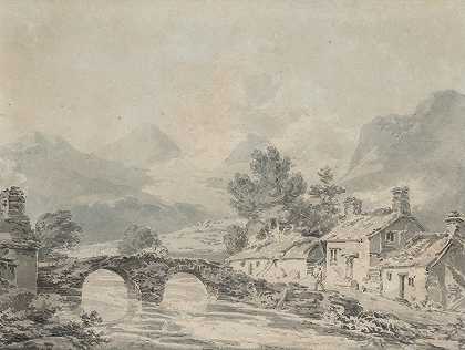 约瑟夫·马洛德·威廉·透纳RA 桥边有村庄的山区河流景观