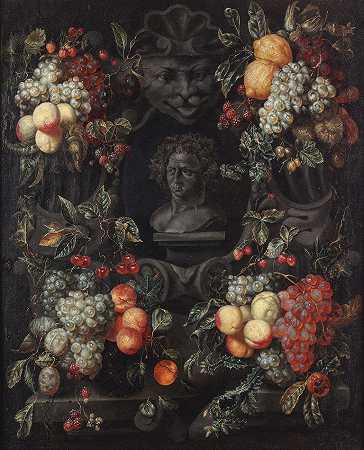 玛丽·塔塞尔特 围绕着石龛中酒神半身像的水果花环