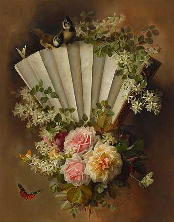 保罗·德·朗普雷 玫瑰和花朵与扇子、蝴蝶和鸟类19 1/2 x 15 1/2英寸框架25 x 21英寸