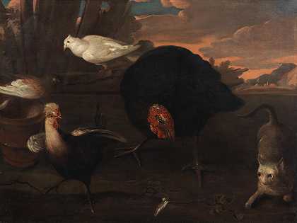 Melchior de Hondeceter的从动件 一只火鸡和一只猫在风景中