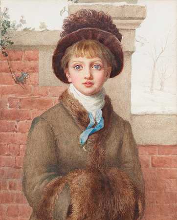 凯特格林威 冬天：一个女孩戴着帽子，穿着皮草大衣，戴着皮草套，戴着蓝色丝带
