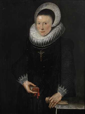Gortzius Geldorp圈 一位女士的肖像，四分之三长，穿着黑色服装，手里拿着书和手套