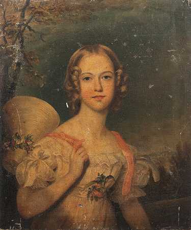 托马斯·菲利普斯圈 一个年轻女孩的肖像，半身，身穿白色连衣裙，肩上有一顶无框的帽子