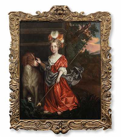 Jacob Huysmans圈子 一个女孩的肖像，传统上被称为弗朗西丝·瓦格斯塔夫，全身，穿着红色连衣裙，戴着羽毛头饰，站在桑德兰框架中，与一只狗站在一起