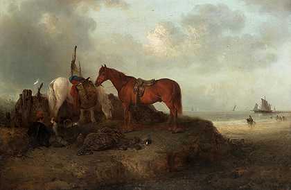 爱德华·罗伯特·斯迈思 两匹马，一个男孩和他的狗在海边