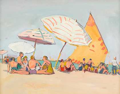 简·彼得森 黄色和橙色帆的海滩场景