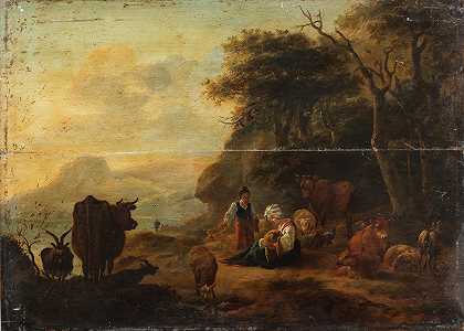 威廉·罗密恩 一个牧羊女和她的牛群在一片没有框架的风景中