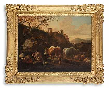 约翰·海因里希·罗斯 在风景中与羊和牛一起休息的溺水者