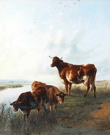 托马斯·西德尼·库珀，RA 河上草地上的三头牛