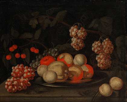 那不勒斯学校 石壁上的昆斯、葡萄、桃子和其他水果