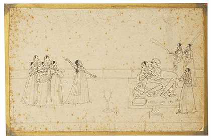 一对多情的王室夫妇受到款待 穆加尔晚期，勒克瑙，约1780年