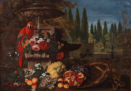 Abraham Brueghel圈 公园景观前喷泉前的鹦鹉与水果和鲜花