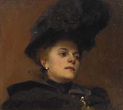 科林坎贝尔库珀 一个戴大帽子的女人的肖像