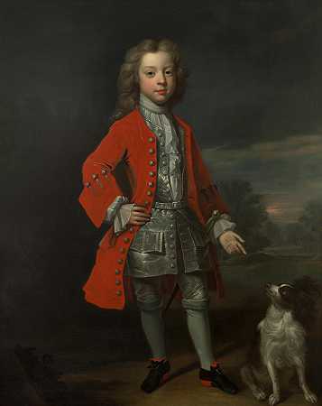 归于Charles d\’Agar 一个男孩的肖像，全身，和他的狗在风景中