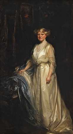 詹姆斯·杰布萨·香农爵士，RA，RBA，RHA 一位女士的肖像，全身站立，身穿奶油色连衣裙，右手放在椅子上