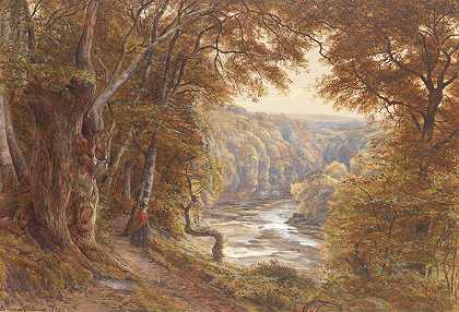 埃德蒙·乔治·沃伦 一片广阔的秋天景色，一位女士欣赏着这片景色