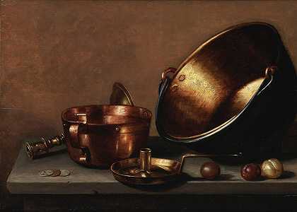 弗洛里斯·格里茨。范肖滕 一个放着李子的石头窗台上的铜锅和器皿的静物