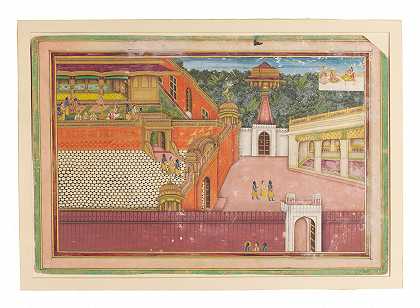 来自BHAGAVATA PURANA系列的插图：KRISHNA、BALARAMA和PRADYUMNA参观JARASANADA宫殿 JAIPUR，18世纪晚期