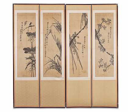 艺术家未知 四幅作为折叠屏风的画作，19世纪，朝鲜王朝
