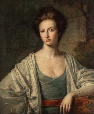 罗姆尼 安妮·巴恩斯夫人的肖像，半身，身穿蓝色连衣裙，红色腰带和白色丝绸包裹
