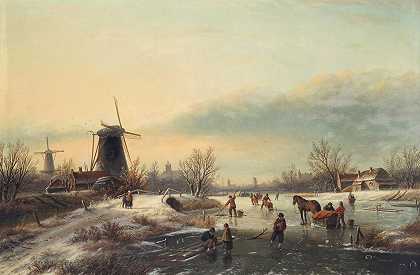 Jan Jacob Coenraad斯波勒 荷兰小镇上结冰的河流上的数字