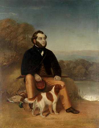 英语学校 射击鸭子后一位绅士和他的猎犬的肖像