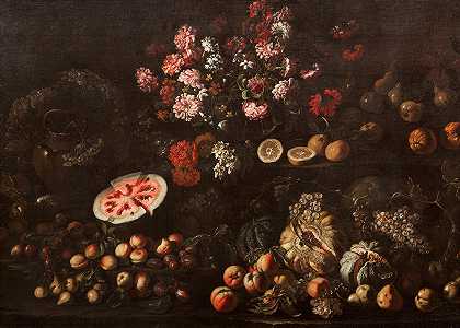 朱塞佩·若波洛圈 岩石岸上水果、花朵和urns的静物