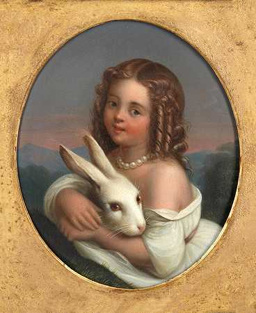 无 题 带着白兔的女孩女孩躺在她的手上，一双都是19.3 x 16.2cm的椭圆形坐骑。