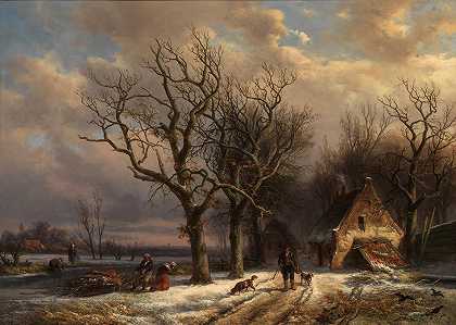 亚历山大·约瑟夫·戴瓦勒 冬天的风景，有人拾柴，有猎人经过