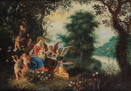 亚伯拉罕·戈瓦茨 在风景中天使环绕的麦当娜和孩子