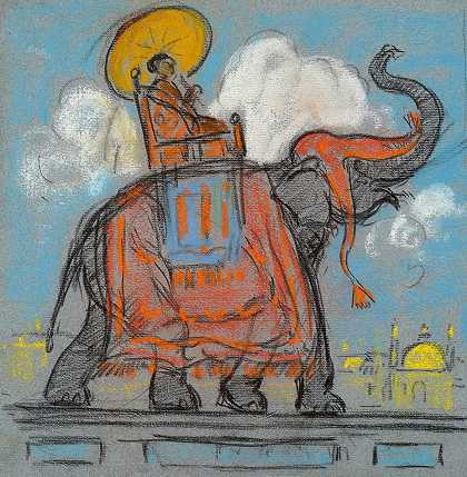 吉福德比尔 骑大象图片，9 3/4 x 9 7/8英寸板材，10 3/8 x 12 5/8英寸。
