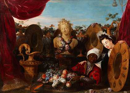 让-巴蒂斯特·贝林·德·丰特奈 一个静物，有巴克斯半身像，一盘水果，大盘子和两个人在看着