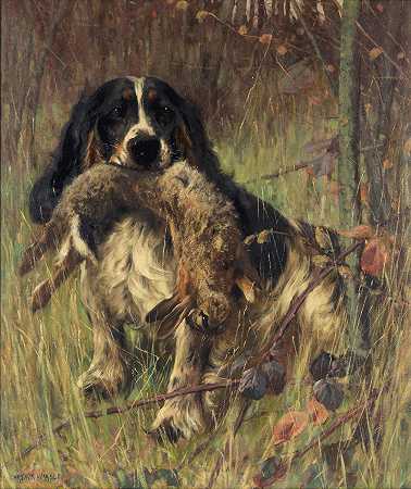 亚瑟·沃德尔，RI 一只猎犬取回一只兔子的肖像
