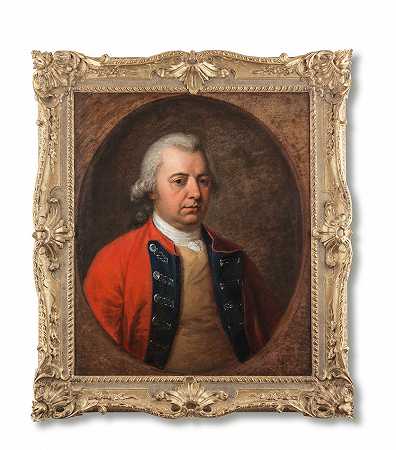 考夫曼 詹姆斯·马斯特森将军的肖像。，胸围，身穿红色外套和浅黄色背心，呈椭圆形