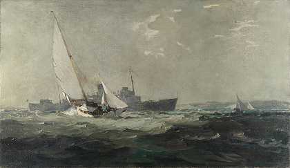 莱斯利·亚瑟·威尔考克斯 在波涛汹涌的水域航行，一艘海军军舰在远处