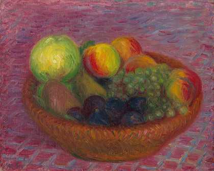 威廉格拉肯斯 红色篮子中的水果13 x 16英寸。