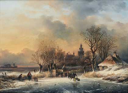 路易斯·约翰内斯·克莱金 冬天的荷兰村庄，冰上有人影