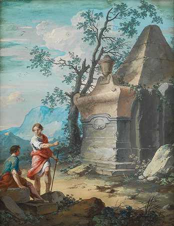 Giovanni Battista Busiri圈子 山景中喷泉前休息的人物在山区的风景中，在坟墓前休息的人物