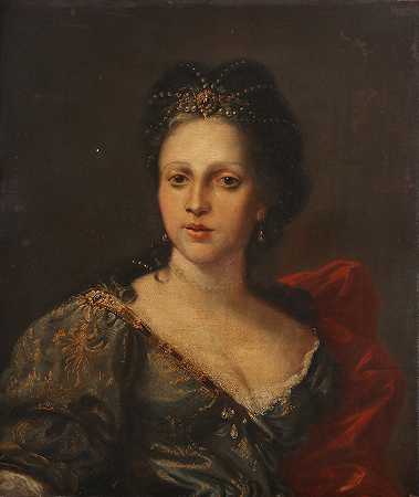 Jean-Baptiste Santerre的追随者 一位女士的肖像，胸围，身穿蓝色连衣裙，红色包裹，戴着珠宝头饰