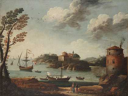 威尼斯人学校 地中海的一个港口，船停泊在那里地中海海岸线，岩石露头上有一座宫殿