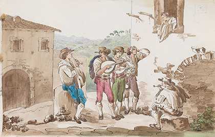 弗雷德里克·弗兰克斯 《小夜曲》（La serenata），以及罗马生活的其他场景，一张专辑的38页缺少木板，其中有几张1817年蒂罗尔人的素描