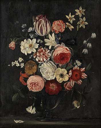 Jan van Kessel的举止 玻璃花瓶中的郁金香、玫瑰、旋花和其他花卉以及装在玻璃花瓶里的罂粟、玫瑰、郁金香和其他花卉