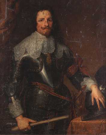 安东尼·范戴克爵士之后 萨伏伊-卡里尼诺的托马索·弗朗切斯科王子肖像，四分之三长，身穿盔甲，白色蕾丝领，手持警棍，手戴头盔