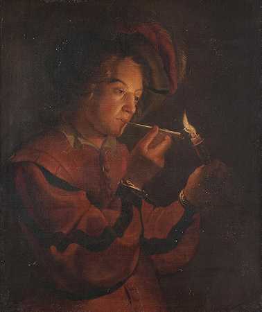 Gerrit van Honthorst的追随者 一个年轻人点燃烟斗