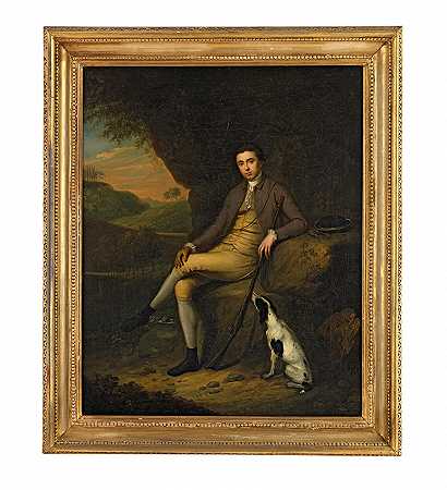 Arthur William Devis圈子 一位绅士的肖像，可能是詹姆斯·鲍尔法官和他的狗，坐在风景前