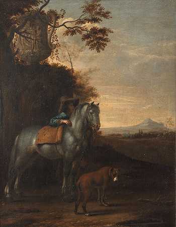 Dirk Stoop圈子 意大利风景，有猎人、马和狗