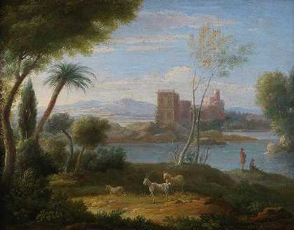 亨德里克·弗朗斯·范·林特，工作室 一幅意大利式的风景画，河岸上有人物，远处有宫殿