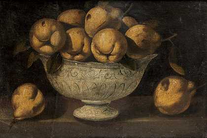 Blas de Ledesma圈 木桌上陶器碗里的梨静物