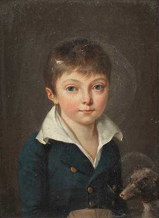 归Jean-Fran所有ois Sablet 一个男孩的肖像，半身，穿着蓝色外套，带着他的狗
